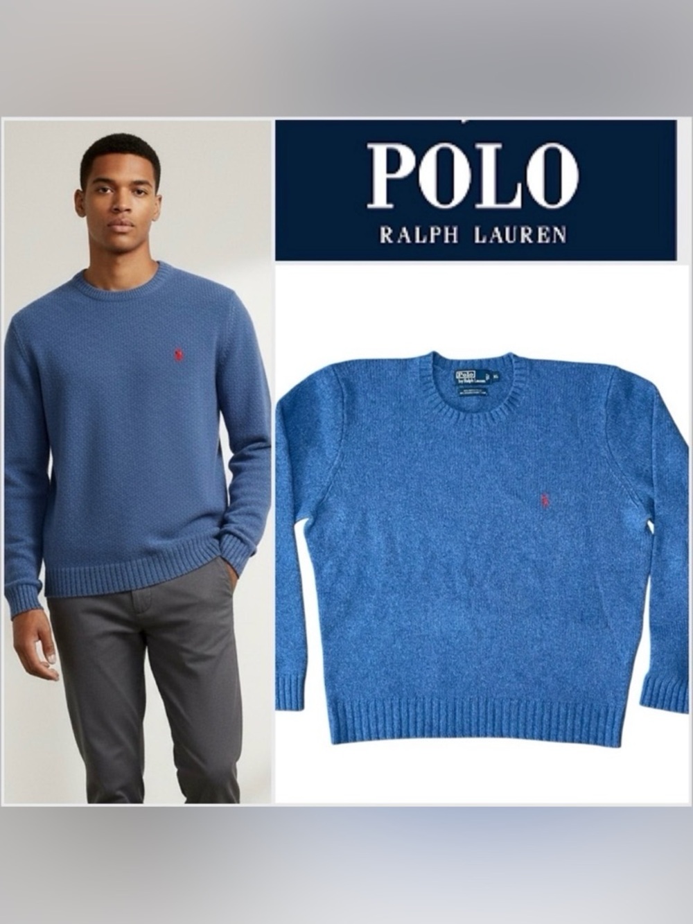 Vtg Polo Ralph Lauren Men's Blue Merino Wool Angora Crewneck Sweater